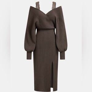 NWT Brown Off Shoulder Knit Midi Dress Lace Strap Slit Minimalist XL